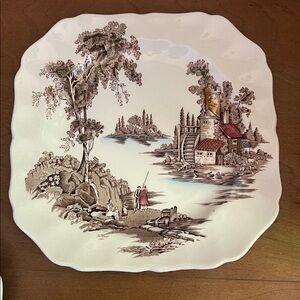 Vintage Johnson Brothers Set of 2 Square Snack Plates in The Old Mill Pattern